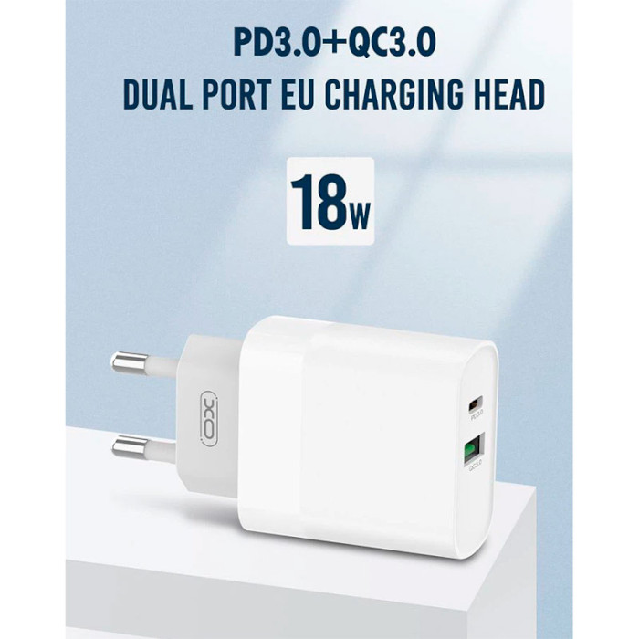 Зарядний пристрій XO L64 1xUSB-C, 1xUSB-A, PD3.0, QC3.0 White