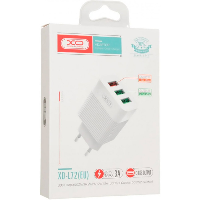 Зарядний пристрій XO L72 3xUSB-A, QC3.0, 18W White