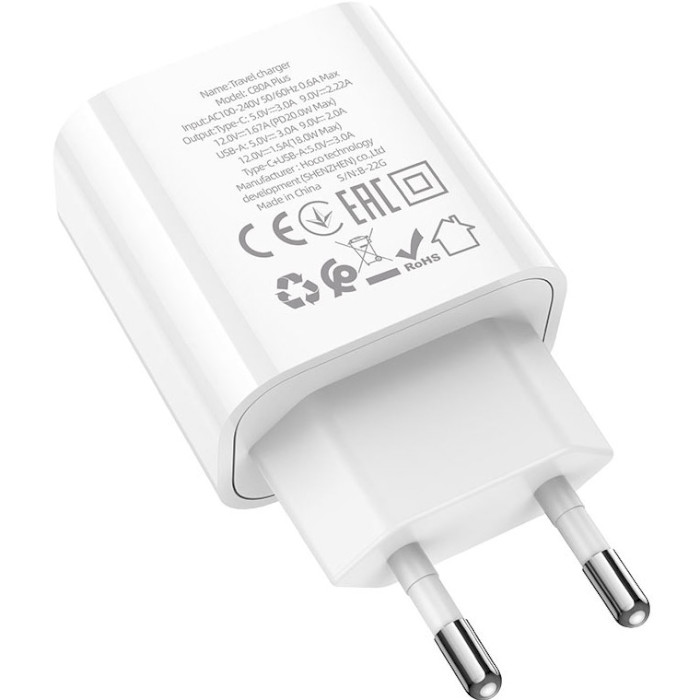 Зарядное устройство HOCO C80A Plus Rapido 1xUSB-A, 1xUSB-C, PD20W, QC3.0 White (6931474779885)