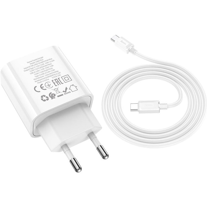 Зарядний пристрій HOCO C80A Plus Rapido 1xUSB-A, 1xUSB-C, PD20W, QC3.0 White w/Type-C to Type-C cable (6931474779908)