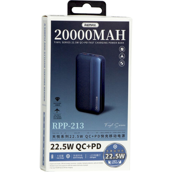 Повербанк REMAX Tinyl RPP-213 22.5W PD+QC 20000mAh Blue