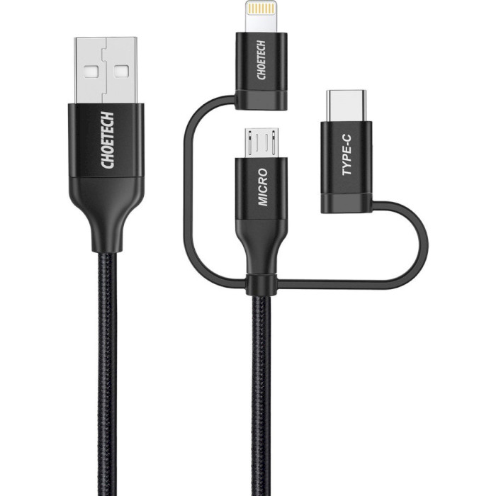 Кабель CHOETECH IP0030 MFI USB-A to Lightning/Type-C/Micro-USB Cable 1.2м Black (IP0030-BK)