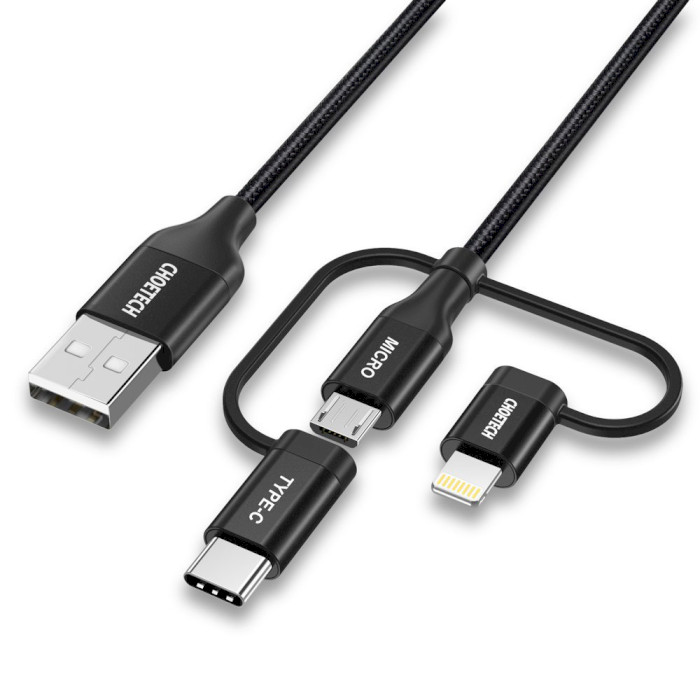 Кабель CHOETECH IP0030 MFI USB-A to Lightning/Type-C/Micro-USB Cable 1.2м Black (IP0030-BK)