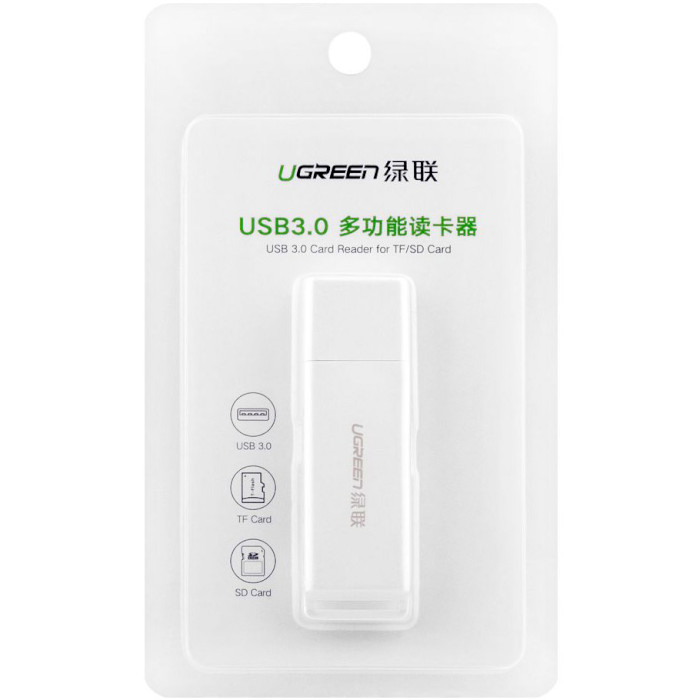 Кардридер UGREEN CM104 USB 3.0 Card Reader with SD/TF White (40753)