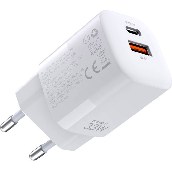 Зарядний пристрій CHOETECH PD5006 33W USB-C PD GaN Wall Charger White