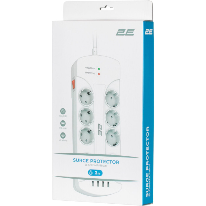 Сетевой фильтр 2E 2E-SP815M3USBWH White, 8 розеток, 4xUSB, 3м