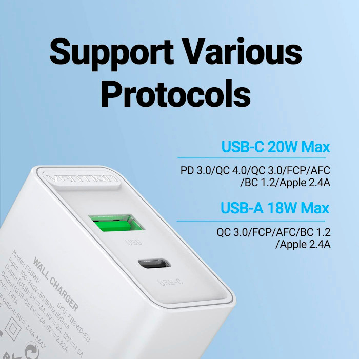 Зарядний пристрій VENTION Dual USB QC4.0, 18-20W White (FBBW0-EU)