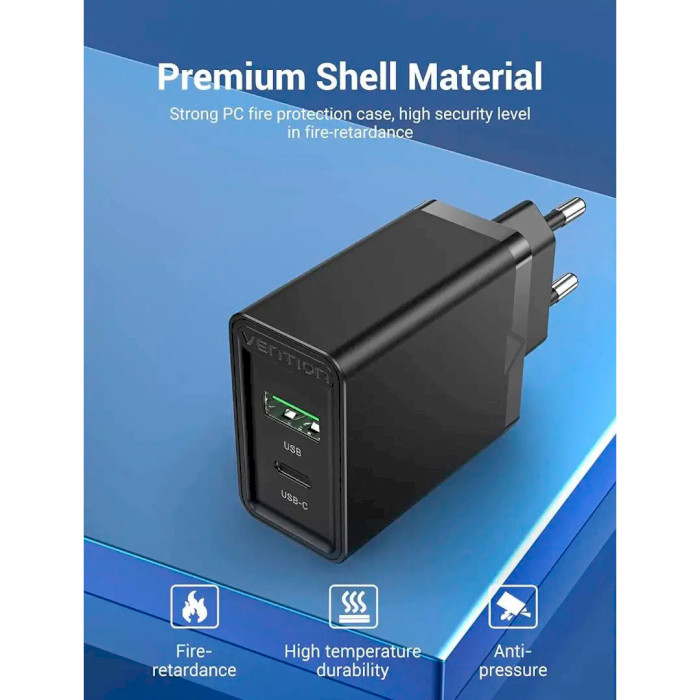 Зарядний пристрій VENTION Dual USB QC4.0, 18-20W Black (FBBB0-EU)