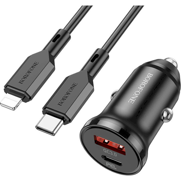 Автомобільний зарядний пристрій BOROFONE BZ18A 1xUSB-A, 1xUSB-C QC3.0, PD20W Black w/Type-C to Lightning cable (BZ18ACLB)