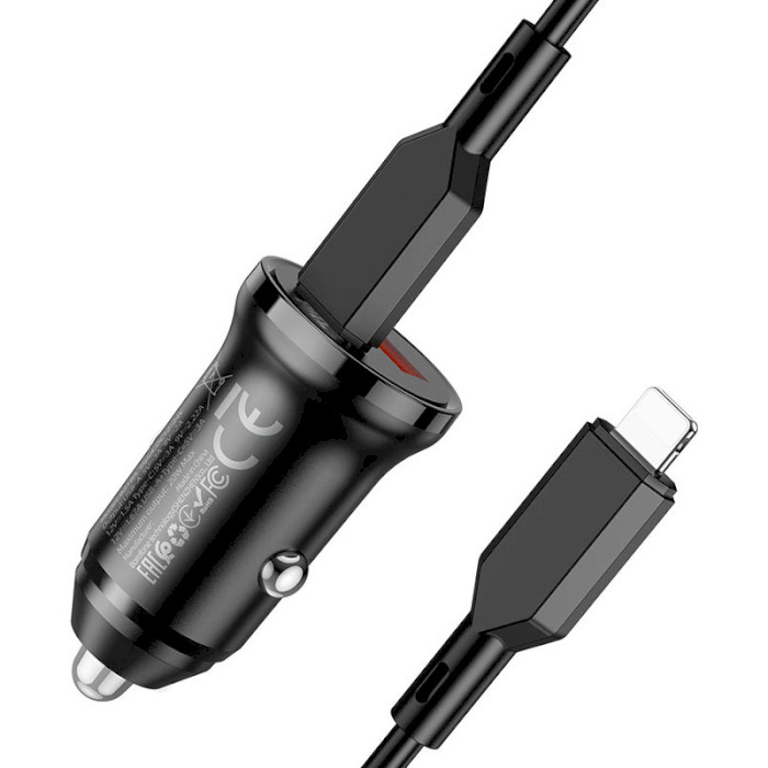 Автомобільний зарядний пристрій BOROFONE BZ18A 1xUSB-A, 1xUSB-C QC3.0, PD20W Black w/Type-C to Lightning cable (BZ18ACLB)