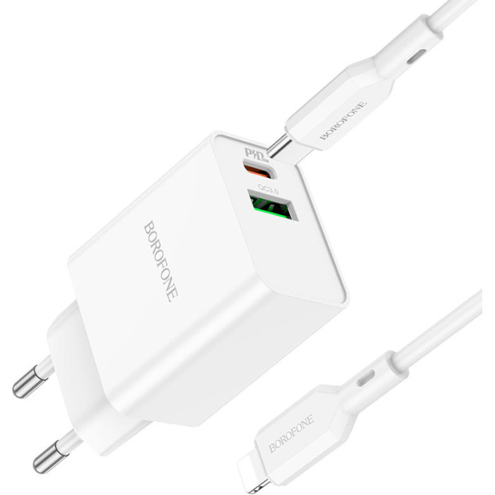 Зарядний пристрій BOROFONE BA69A Resource 1xUSB-A, 1xUSB-C, PD20W, QC3.0 White w/Type-C to Lightning cable (BA69ACLW)