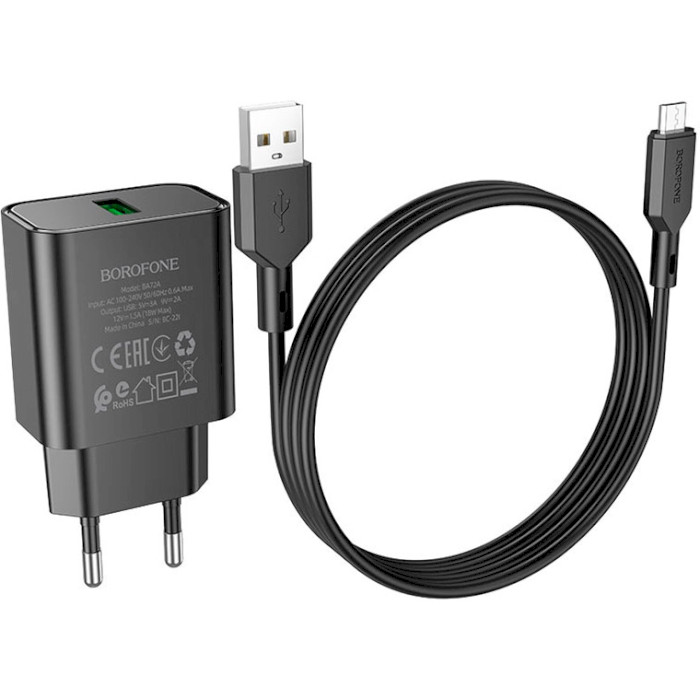 Зарядний пристрій BOROFONE BA72A Spring1xUSB-A QC3.0 18W Black w/Micro-USB cable (BA72AMB)