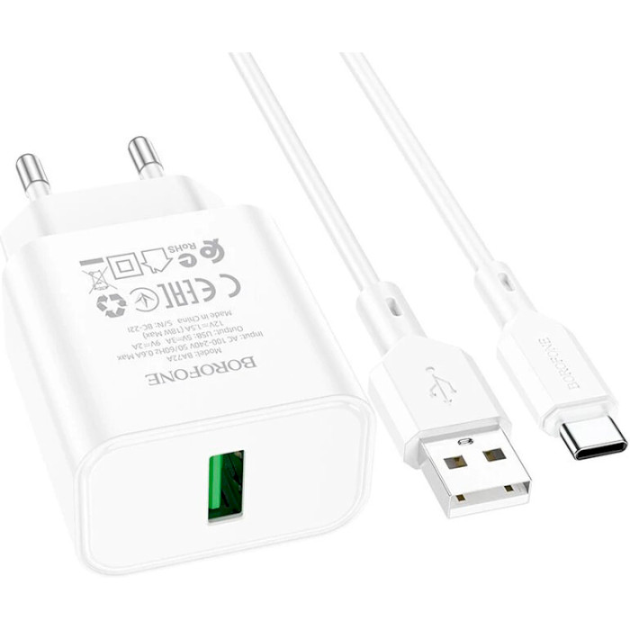 Зарядний пристрій BOROFONE BA72A Spring1xUSB-A QC3.0 18W White w/Type-C cable