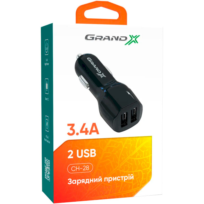 Автомобільний зарядний пристрій GRAND-X CH-28 2xUSB-A, 3.4A Black