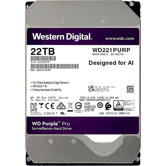 Жёсткий диск 3.5" WD Purple Pro 22TB SATA/512MB (WD221PURP)