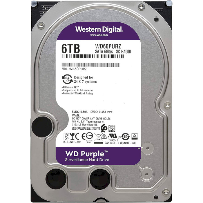 Жёсткий диск 3.5" WD Purple 6TB SATA/256MB (WD64PURZ)