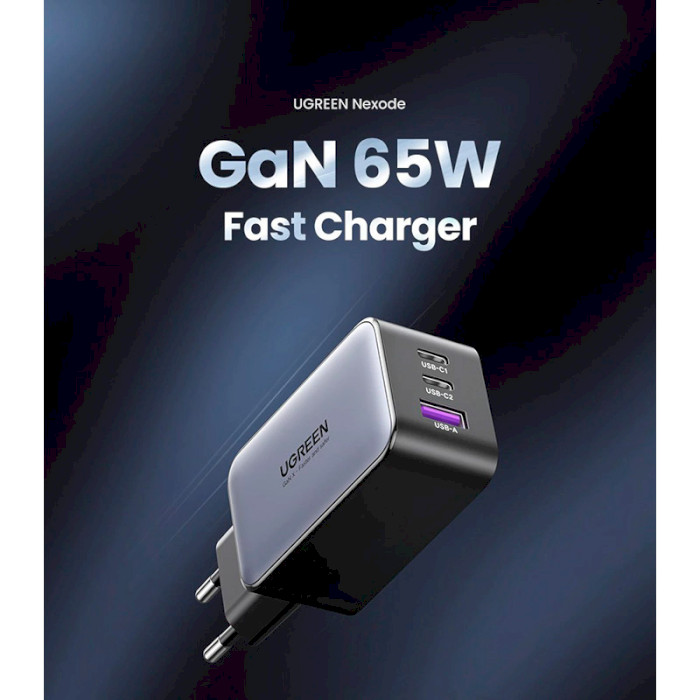 Зарядное устройство UGREEN CD244 GaN 65W 1xUSB-A, 2xUSB-C, PD3.0, QC4.0 Wall Charger Gray (10335)