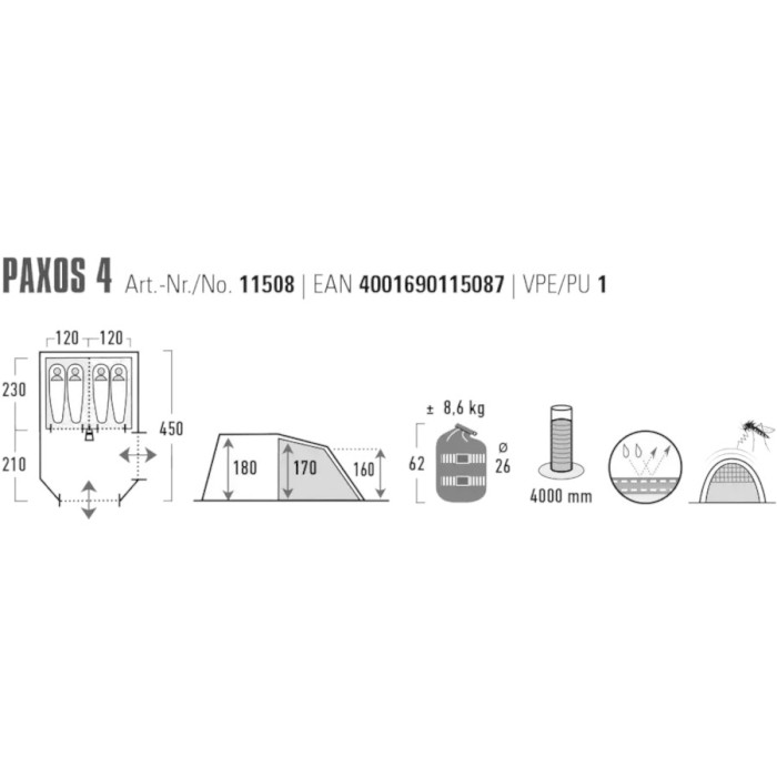 Палатка 4-местная HIGH PEAK Paxos 4 Dark Grey/Green (11508)