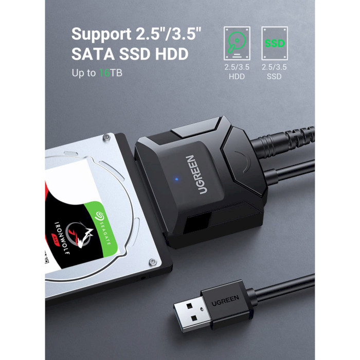 Адаптер UGREEN CR108 SATA to USB-A Adapter для HDD/SSD 2.5"/3.5" SATA to USB3.0 Black (20611)