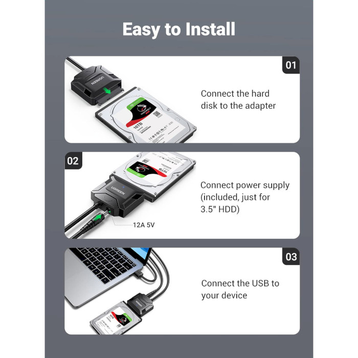 Адаптер UGREEN CR108 SATA to USB-A Adapter для HDD/SSD 2.5"/3.5" SATA to USB3.0 Black (20611)