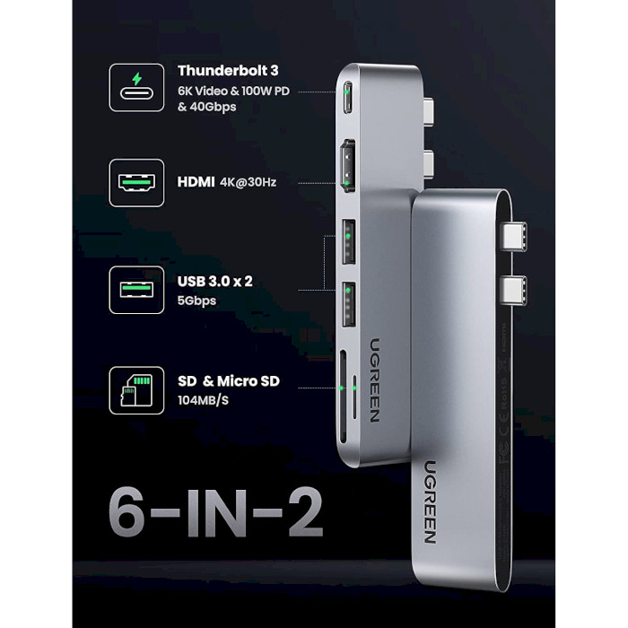 Порт-реплікатор UGREEN CM380 6-in-2 USB-C Hub for MacBook Pro/Air Silver (80856)