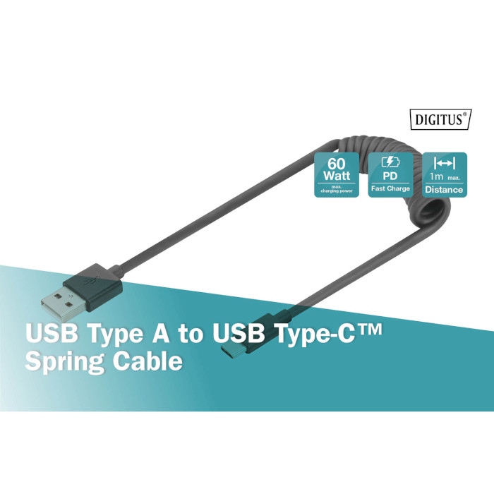 Кабель DIGITUS USB2.0 AM/CM Spring 1м Black (AK-300430-006-S)