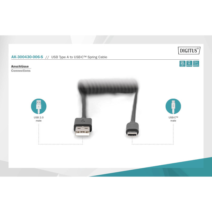 Кабель DIGITUS USB2.0 AM/CM Spring 1м Black (AK-300430-006-S)