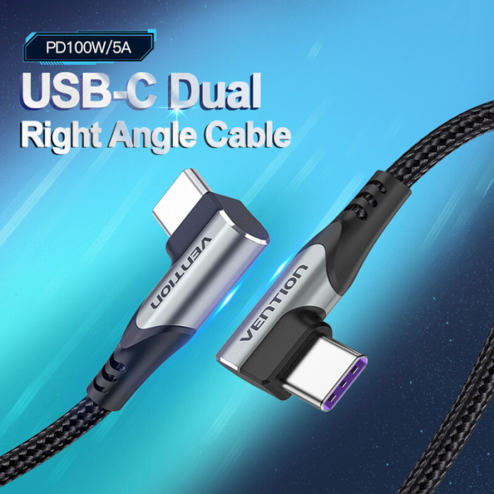 Кабель VENTION USB Type-C to USB Type-C Nylon Double 90° PD 1м Gray (TANHF)