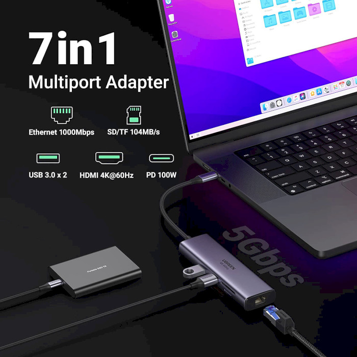 Порт-репликатор UGREEN CM512 7-in-1 USB-C HDMI Ethernet Adapter (60515)