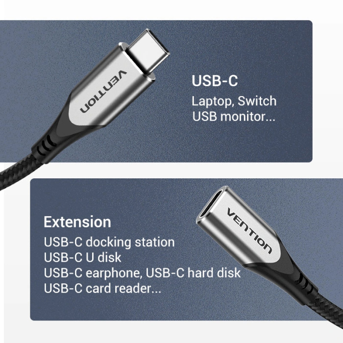 Кабель-удлинитель VENTION USB Type-C to USB Type-C 1м Gray (TABHF)