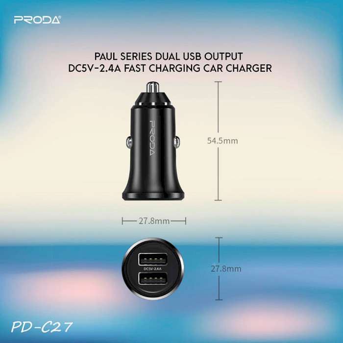 Автомобільний зарядний пристрій PRODA Paul PD-C27 2xUSB-A, 2,4A Black