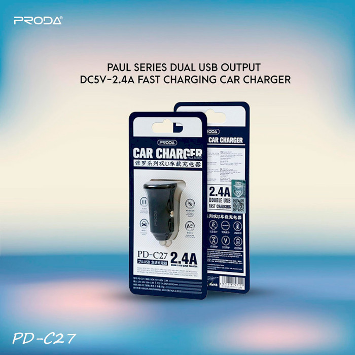 Автомобільний зарядний пристрій PRODA Paul PD-C27 2xUSB-A, 2,4A Black