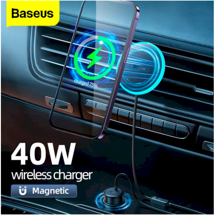 Автотримач для смартфона з бездротовою зарядкою BASEUS CW01 Magnetic Wireless Charging Car Mount 40W USB-C Black (SUCX040101)