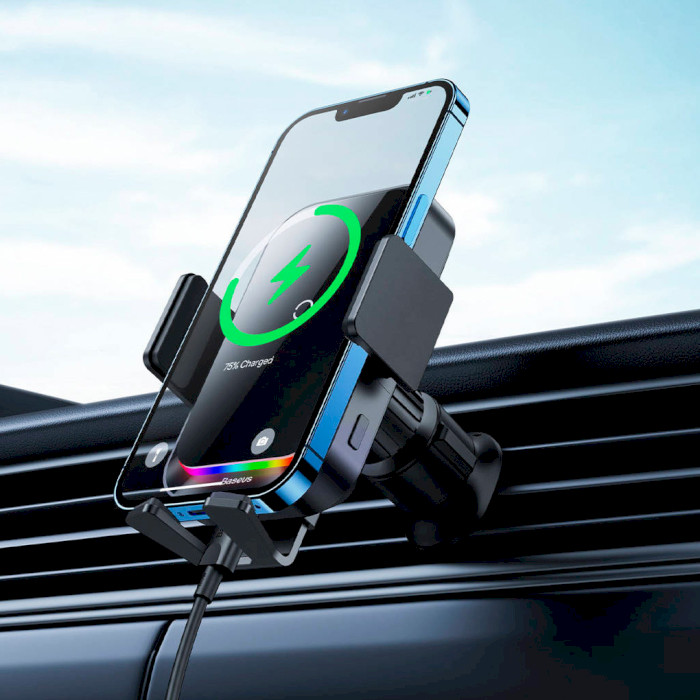 Автотримач для смартфона з бездротовою зарядкою BASEUS Halo Electric Wireless Charging Car Mount 15W Black (SUDD000001)