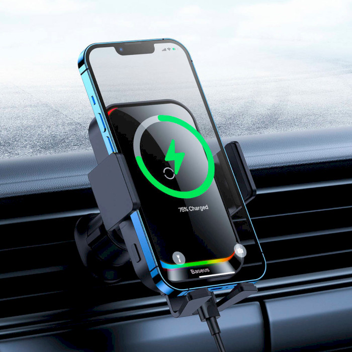 Автотримач для смартфона з бездротовою зарядкою BASEUS Halo Electric Wireless Charging Car Mount 15W Black (SUDD000001)