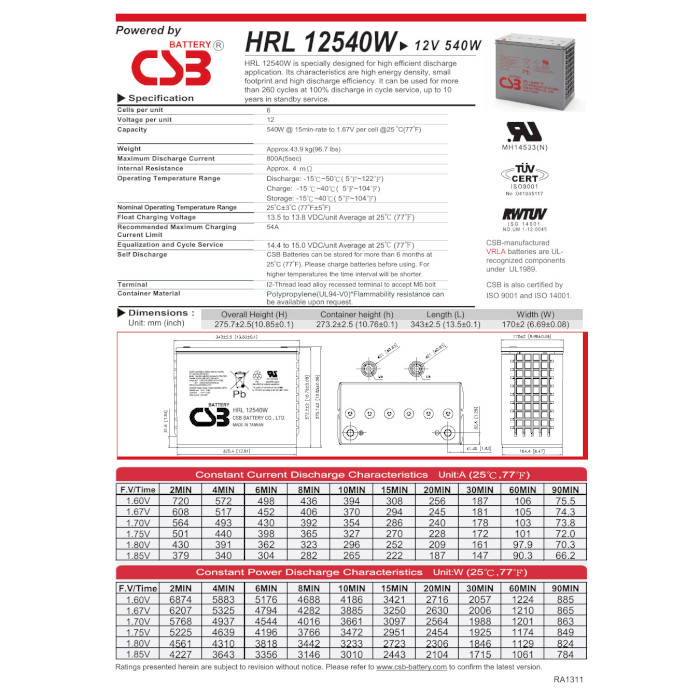 Акумуляторна батарея CSB HRL12540W (12В, 130Агод)