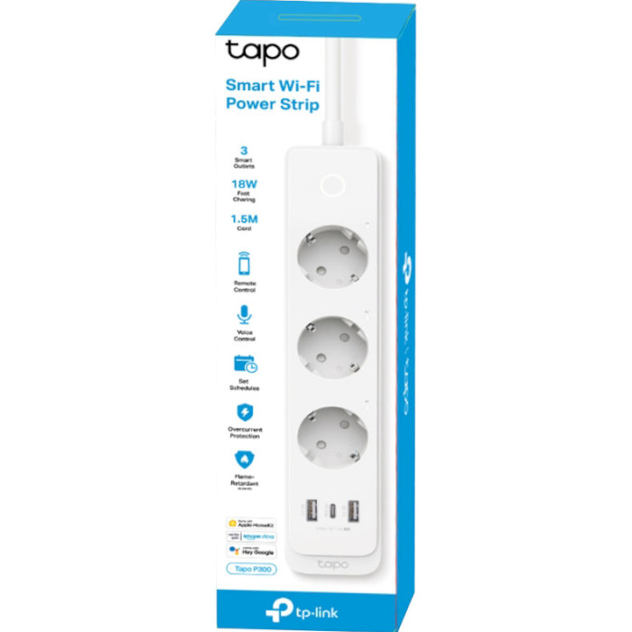 Мережевий фільтр керований TP-LINK TAPO P300 Smart Wi-Fi Power Strip White, 3 розетки, 1xUSB-C, 2xUSB, 1.5м