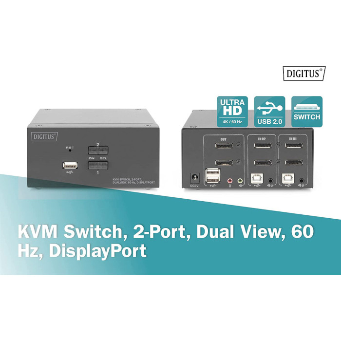 KVM-перемикач DIGITUS 2-Port Dual-Display 4K DisplayPort (DS-12862)