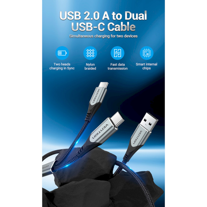 Кабель VENTION USB 2.0 A to Dual USB-C 0.5м Gray (CQOHD)