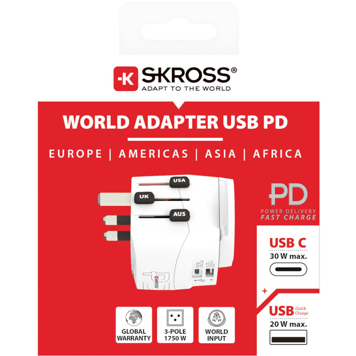 Универсальный сетевой переходник SKROSS Pro Light USB AC30PD World White (1.302473)