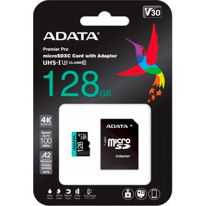 Карта памяти ADATA microSDXC Premier Pro 128GB UHS-I U3 V30 A2 Class 10 + SD-adapter (AUSDX128GUI3V30SA2-RA1)