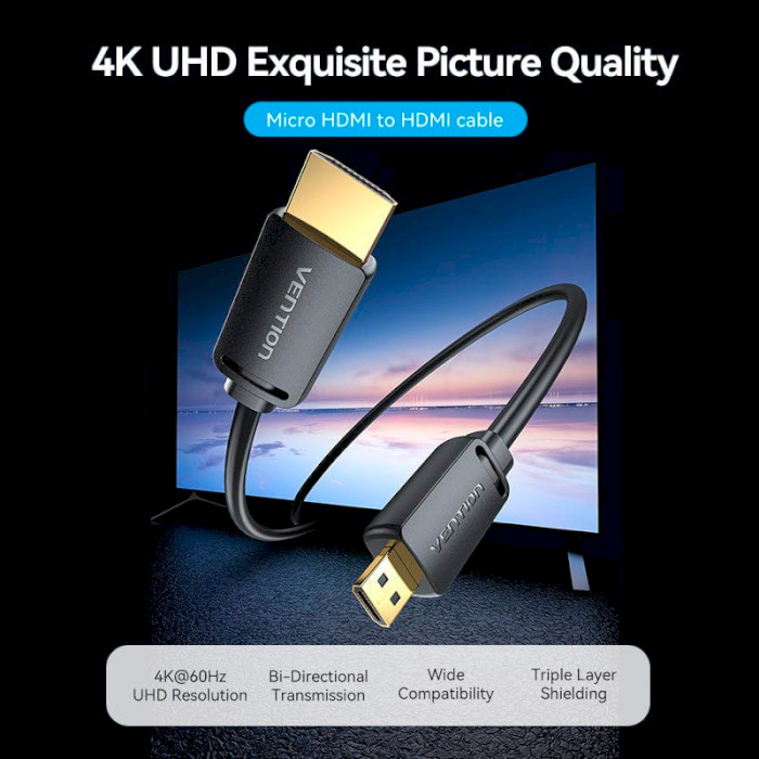 Кабель VENTION Micro-HDMI to HDMI Micro-HDMI - HDMI v2.0 1.5м Black (AGIBG)