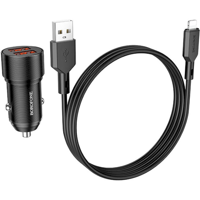 Автомобильное зарядное устройство BOROFONE BZ19 Wisdom 2xUSB-A, 2.4A Black w/Lightning cable (BZ19LB)