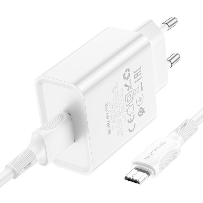 Зарядний пристрій BOROFONE BA74A Aspirer 1xUSB-A, 2.1A White w/Micro-USB cable