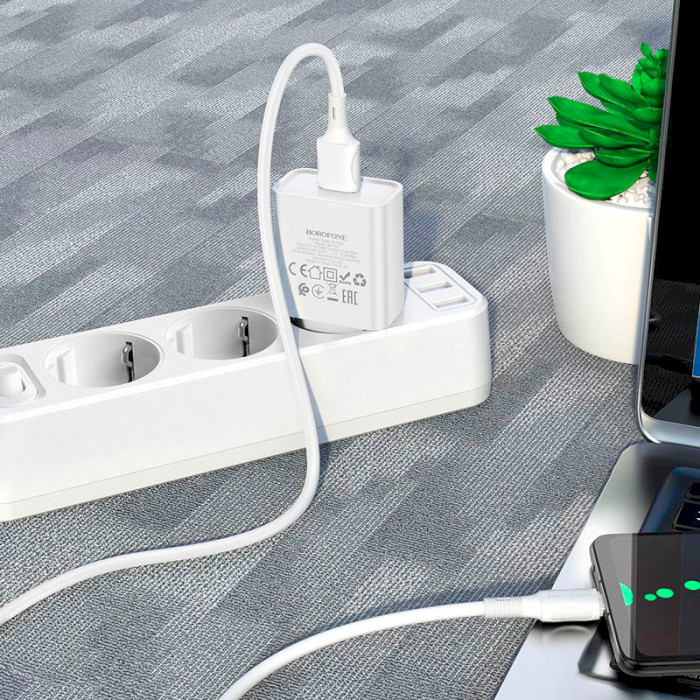 Зарядний пристрій BOROFONE BA74A Aspirer 1xUSB-A, 2.1A White w/Micro-USB cable