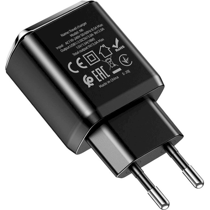 Зарядное устройство HOCO N6 Charmer 2xUSB-A, QC3.0 Black (6931474738950)