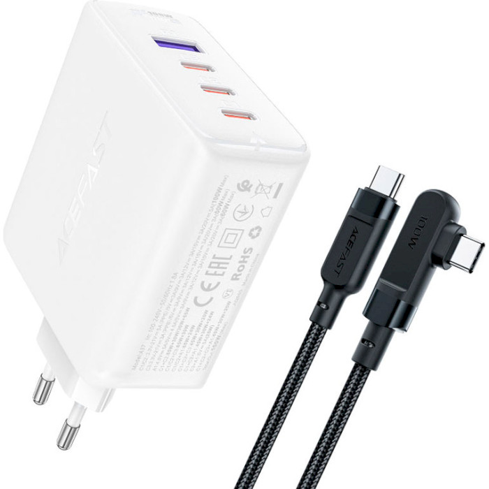 Зарядное устройство ACEFAST A37 Fast Charge Wall Charger GaN PD100W (3xUSB-C, 1xUSB-A) White w/Type-C to Type-C cable