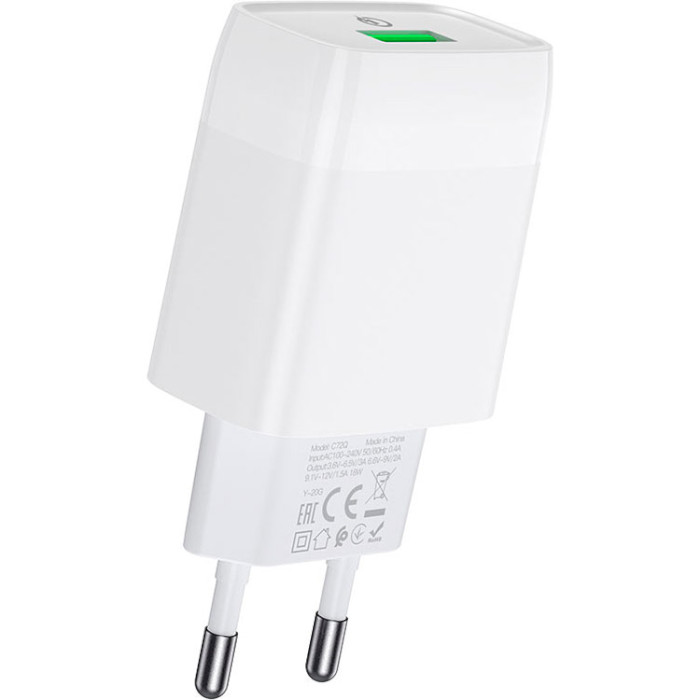 Зарядное устройство HOCO C72Q Glorious 1xUSB-A, QC3.0 White (6931474732514)