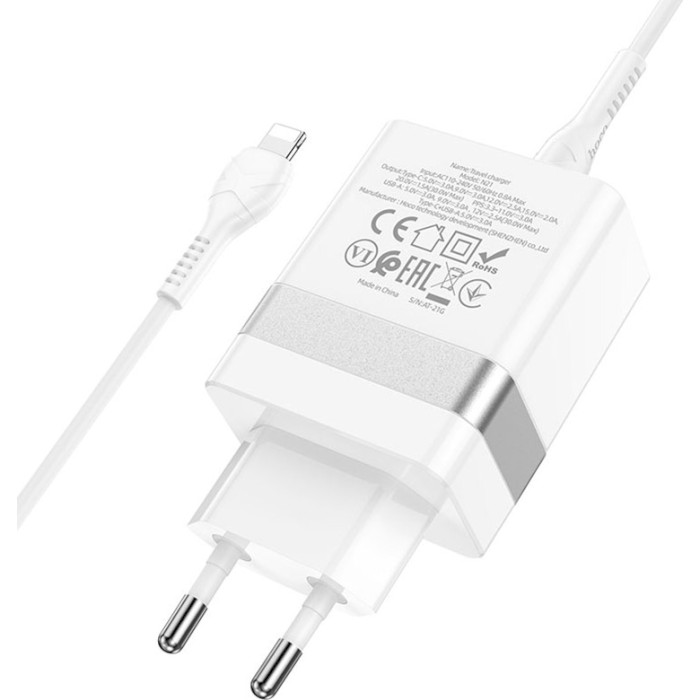 Зарядное устройство HOCO N21 Extension speed 1xUSB-A, 1xUSB-C, PD30W, QC3.0 White w/Type-C to Lightning cable (6931474757784)