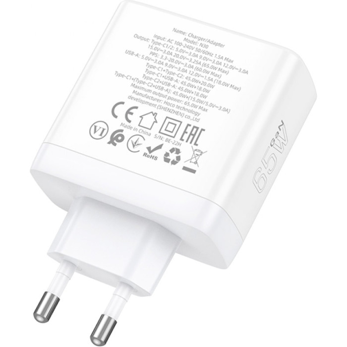 Зарядное устройство HOCO N30 Glory 1xUSB-A, 2xUSB-C, PD65W, QC3.0 White (6931474784155)